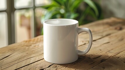 Blank white mug on wooden table. Mug mockup template.