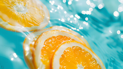 Creative summer background with orange fruit slices in swimming pool water Summer wallpaper with copy space : Generative AI