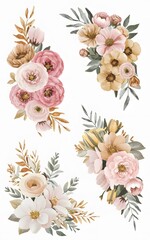 A stunning watercolor illustration of a collection of exquisite floral arrangements. There are four main clusters, each showcasing a unique blend of colors and flower types