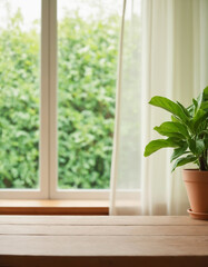 Empty wooden table top against a blurred background of a half-curtained window and green indoor plant, soft daylight, pastel color. Photo for product display with copy space.