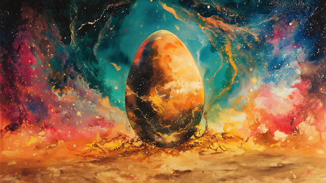 A painting of a large egg on a planet with a bright blue sky