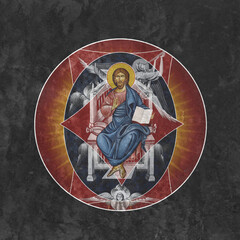 Christian traditional image of Jesus Christ greatest Bishop. Religious medallion on black stone wall background in Byzantine style