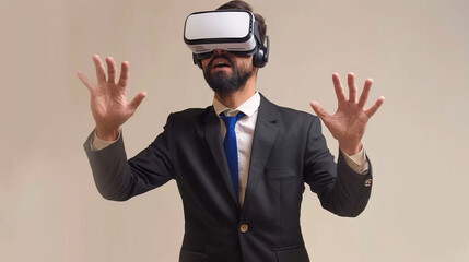 Businessman wearing shirt and suit working while using a VR headset. attractive gesture pose. in office room.