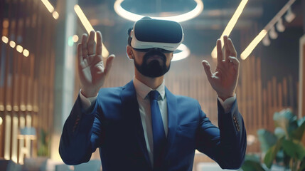 Businessman wearing shirt and suit working while using a VR headset. attractive gesture pose. in office room.