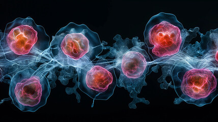 A series of red and blue spheres are shown in a black background - obrazy, fototapety, plakaty