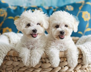 Bright and joyful wallpaper with two adorable Bichon Frise dogs, each sporting a cute haircut, lounging together in an indoor basket