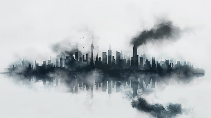 A city skyline with a foggy haze in the background