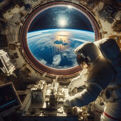 astronaut in space station - obrazy, fototapety, plakaty