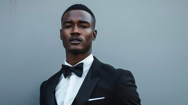 A dapper black man stands tall in a crisp tuxedo complete with a bow tie and pocket square. His hair is neatly styled and slicked back giving off a sharp and suave vibe that is often .