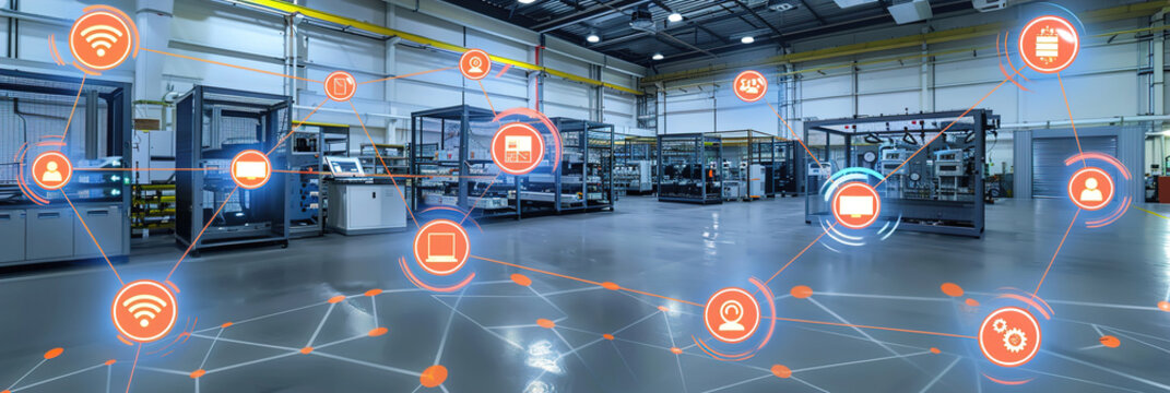 An industrial IoT setting with sensors and machinery networked for automated monitoring and production optimization.