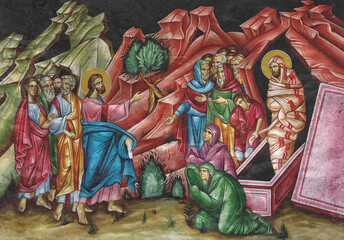 Christian traditional image of the Raising of Lazarus. Religious illustration on black stone wall background in Byzantine style