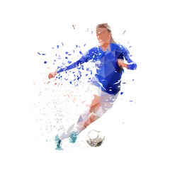 Woman playing soccer, football, olated low poly vector illustration with shatter effect, front view