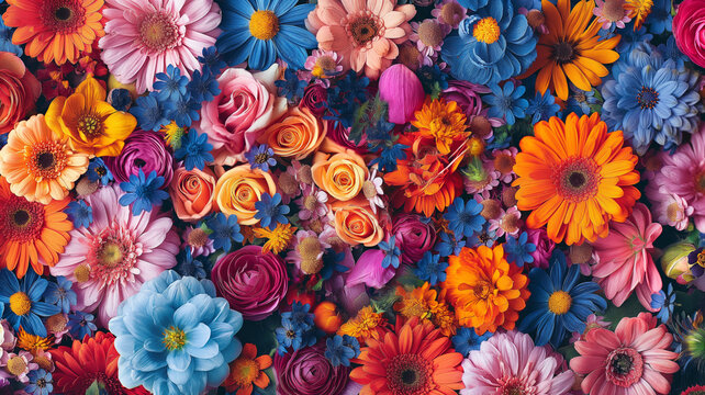 A colorful bouquet of flowers with a variety of colors including blue, pink