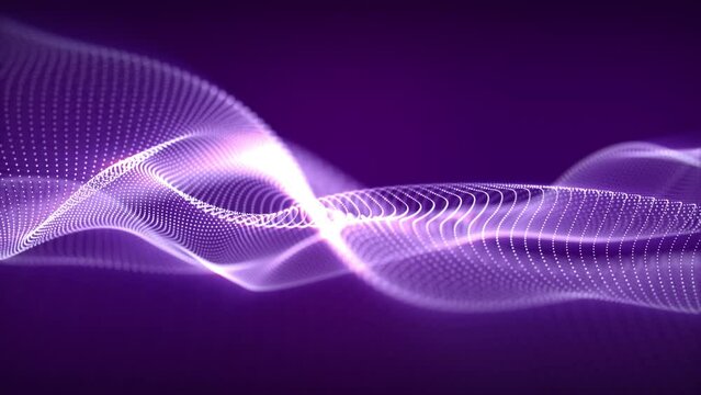 Looped screensaver with hi-tech waveform made of shiny particles on a dark purple background. Bright animation for digital technology, vj performance and music visualisation. Seamless loop, 4k, 60 fps