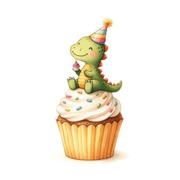 Cute Dinosaur Birthday Cupcake Watercolor Clipart