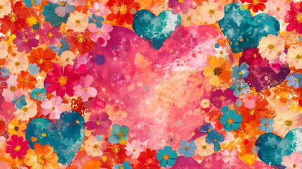 A colorful painting of flowers and hearts