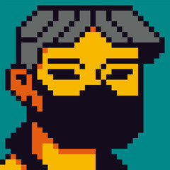 Obraz premium Asian guy in black mask on face avatar pixel male character, 8-bit boy, man head cartoon vector icon, game user or web profile person, people, social net portrait, minimalistic fashion, vector
