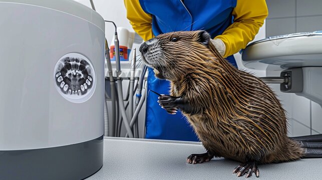 The beaver nervously taps its tail while waiting for the dentist to finish the cavity inspection ,