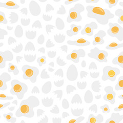 Fried eggs and cracked shells arranged on white background in vector seamless pattern. Subtle surface art texture for printing on various materials or use in graphic design projects.