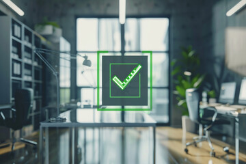 A green checklist icon on an office background for cyber security and compliance