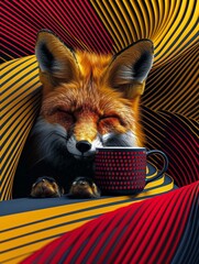A sleepy fox yawns as it waits for its coffee, lamenting the early morning hunt ahead , - obrazy, fototapety, plakaty