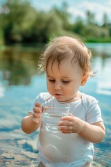 a small child drinks water from a glass on the background of nature
