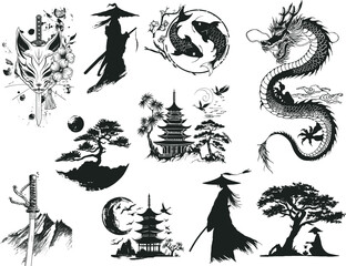 Fototapeta premium Set of Japanese landscapes and cultural elements, vector illustration.