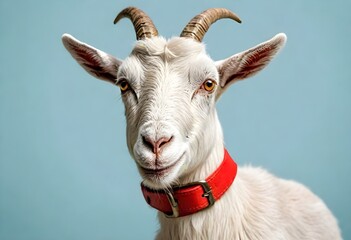 Beautiful Goat wearing neck collar for Eid al adha on simple Blue background