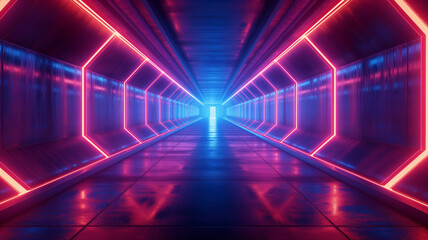 A long, narrow room with neon lights and a blue ceiling - obrazy, fototapety, plakaty