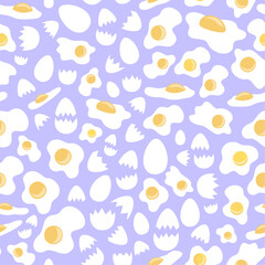 Fried eggs and cracked shells arranged on violet backdrop in vector seamless pattern. Complementary colored breakfast surface art for printing on various materials or use in graphic design projects.