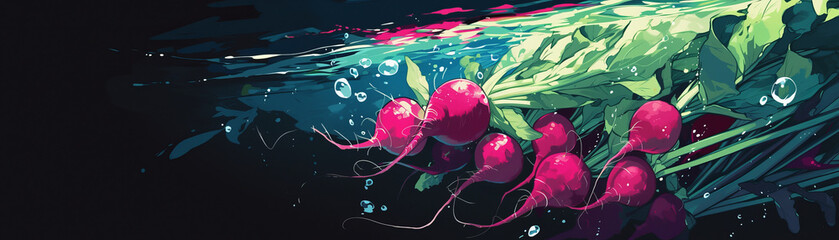 A painting of a bunch of radishes in a blue background