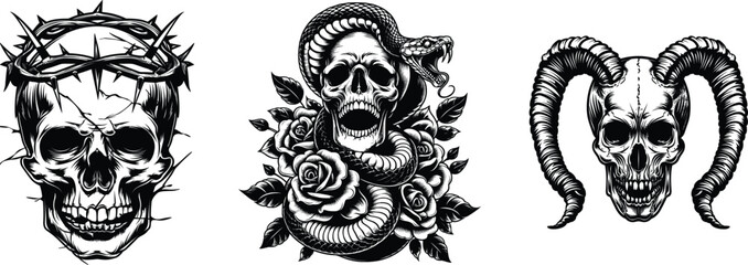 Set of skull with snake, crown of thorns and horns, tattoo design, vector illustration.
