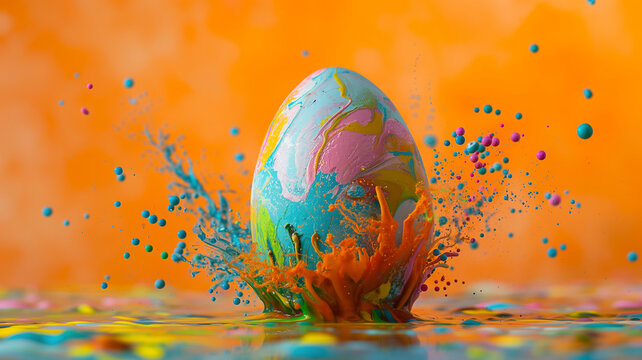 A colorful egg is splashing in a pool of paint