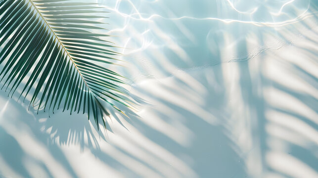 palm leaf shadow on abstract white sand beach background sun lights on water surface beautiful abstract background concept banner for summer vacation at the beach : Generative AI