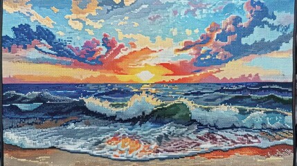 Needlepoint depiction of a tranquil seascape, with rolling waves and a colorful sunset