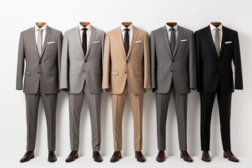 Men's suits in a row on a white background. 3d rendering