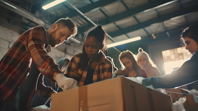 Multiracial group of people working on humanitarian aid project Teamwork in homeless shelter Small diverse group of volunteers working in a community charity donation center Copy space : Generative AI