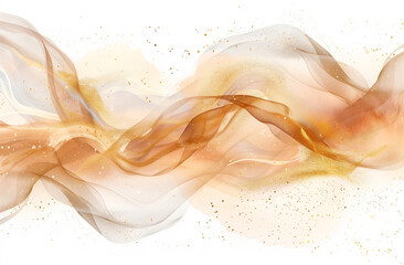 An exquisite abstract composition showcases beige and gold watercolor brush strokes on a white background. Organic shapes and textures, complemented by shimmering elements, create fluid and luxurious