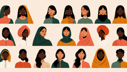 a diverse range of women from various ethnic backgrounds, The style is minimal and trendy, reflecting the unique cultural attire of each individual - obrazy, fototapety, plakaty