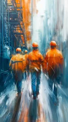 Foto op Canvas Three men in orange safety vests walk down a street © CtrlN