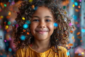 Fototapeta na wymiar A joyful young girl with curly hair smiles brightly amid a colorful shower of confetti, suggesting a celebration or festive occasion in the image