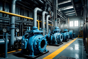 Industrial interior of water pumps, valves, pressure gauges, motors inside engine room. Industry pump in an technical room, urban modern powerful pipelines, automatic control systems. Copy space - obrazy, fototapety, plakaty