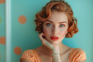 Woman with retro hairstyle and makeup, posing elegantly against a turquoise background with orange polka dots