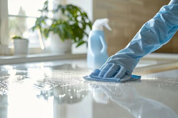 A woman who wears gloves, a housewife, a woman who wipes the table with a rag or spray, a woman who works as a professional cleaning service