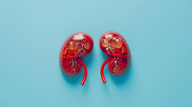 Human kidneys decorative model on pastel blue background Chronic kidney disease kidney stones Nephrology concept Top view copy space : Generative AI