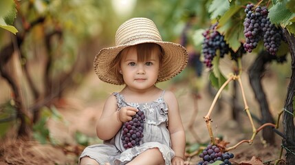 little girl eats grapes in the garden.