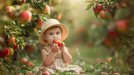 little girl eating apples in the garden.