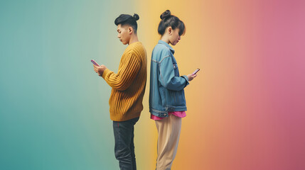 Dating mobile app concept Stylish young eastern man and woman hipsters standing back to back using smartphones on colorful studio background chatting online looking at copy space full  : Generative AI