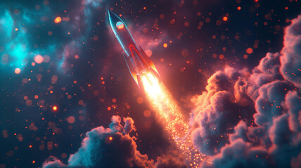 A rocket is flying through the sky with a bright orange tail - obrazy, fototapety, plakaty
