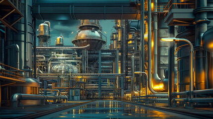 A futuristic industrial plant with a large, glowing sphere in the middle - obrazy, fototapety, plakaty